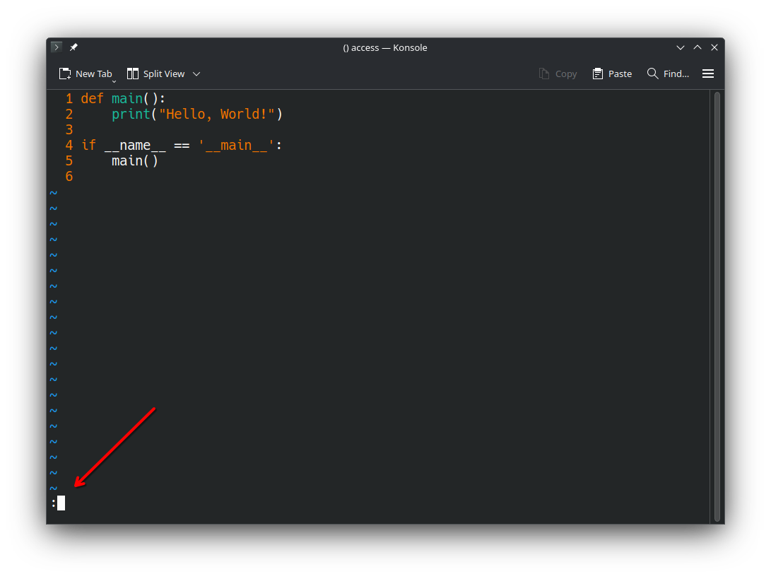 A screenshot of Vim with an arrow pointing to the colon that appears when executing a complete command from Normal Mode.